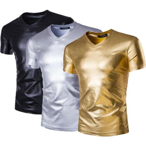 Fashion Mens Casual Tops T-Shirt Short Sleeve V-Neck Slim Fit Shining Shirts
