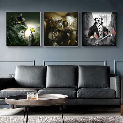 Wall Decor Painting Animals Posters and Prints Wall Graffiti Art Canvas Funny Monkey And Gog Worker Pictures for Kids Room Decor