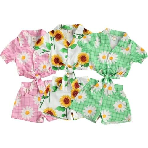 1-5Y Summer Toddler Kids Girls Clothes Sets 2pcs Sunflowers Printed Turn Down Collar Single Breasted Shirts Shorts