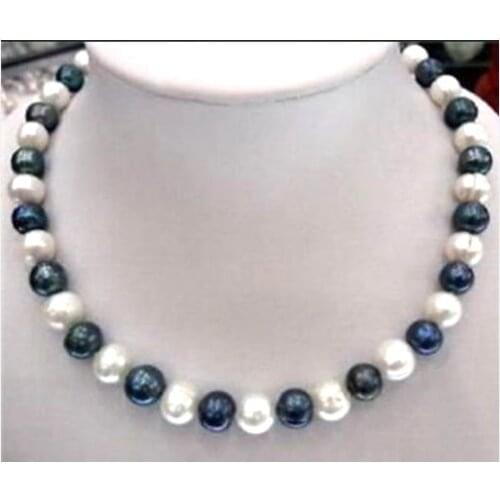 Wedding Woman AA 18'' 9-10MM Freshwater White With Black Pearl Necklace Real Natural Pearl Handmade Free Shipping