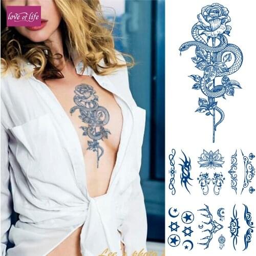 Semi-Permanent Tattoos for Women Girls,Dark Blue Snake Flowers Premium Temporary Tattoo Waterproof & Long-Lasting 1-2 Weeks