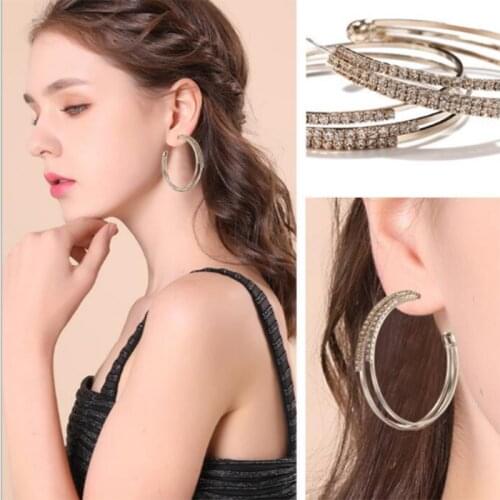 Rhinestone crystal exaggerated round earrings Korean fashion C-shaped geometric gold Colorround earrings ladies jewelry