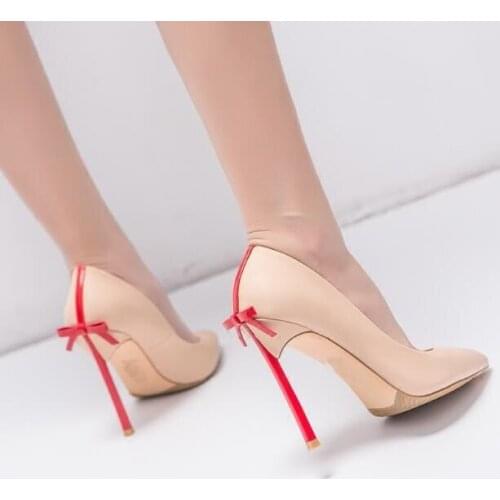 Dipsloot Hot Woman Fashion Black White Red Pink Shallow Pointed Toe Pumps Female Butterfly Knot Back Slip On Party Dress Shoes