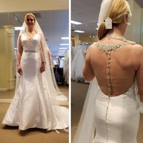 High Quality Satin White Wedding Dresses with Waist Deco Mermaid Wedding Dresses Illusion Back Bridal Gowns Court Train vestidos