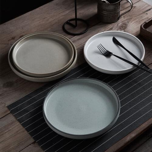 Japanese Simplicity Retro Coarse Pottery Plate Dinner Set Pendulum Food Dish Round Shape Fruit Steak Plate