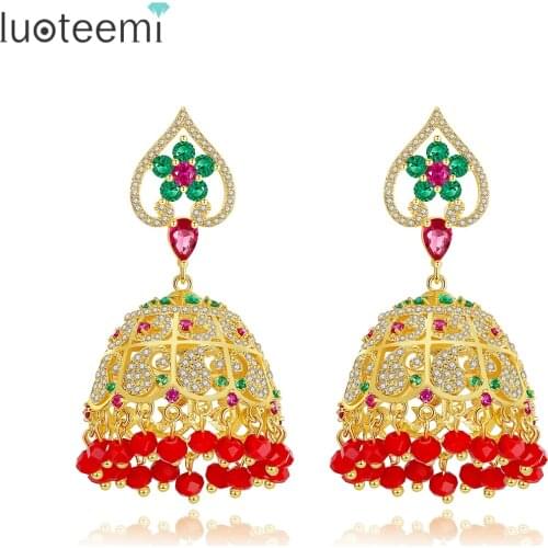 LUOTEEMI Bohemian Style Red Tassel Drop Earrings for Women Cubic Zircon Fashion Chandelier Indian Jewelry Christmas Party Gifts