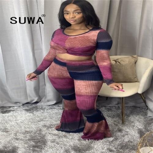 Contrast Knit Long Sleeve Crop Top Tunic And High Waist Flare Pants Trousers Fall Winter Two Piece Outfits For Women’s Sets