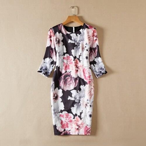 Europe Style Woman Clothes Spring Runway Fashion Floral Print Pencil Dress Elegant Office Lady Knee Length Festa Party Vestidos