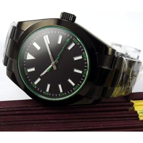 40MM Black Sterile Dial Sapphire Glass Date Glass Case Back PVD Coated Automatic Mens Wristwatch