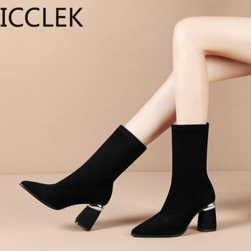 Women Autumn Winter Shoes Fashion Flock Solid Pointed Toe Transparent Crystal Square Heel Female Slip on Ankle Boots
