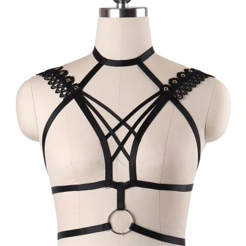 Flowers Black Body Harness Harajuku Gothic Bondage Dress Sexy Bondage Harness Fetish Rave Wear Crop Top Bra Erotic Body Cage Bra