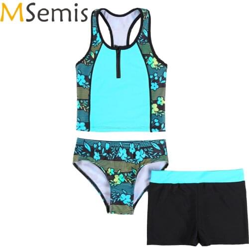Girls Tankini Swimsuit Set 3 Piece Floral Print Sleeveless Racerback Tank Vest Shirt Short and Bikini Triangle Swimwear