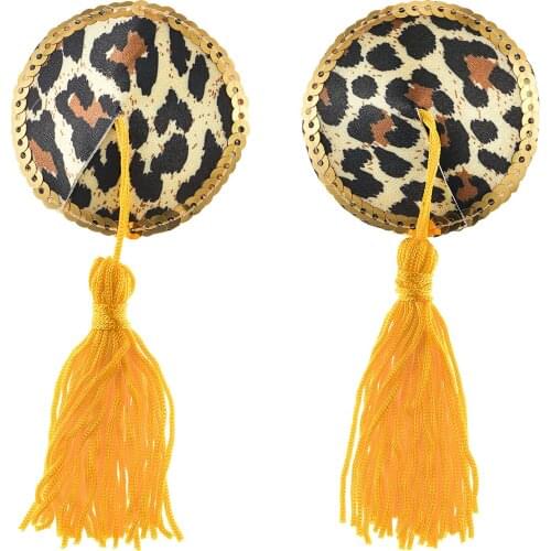 Women Round Leopard Gilt-edged Tassel Pasties Sexy Sequin Lingerie Tassel Breast Bra Stickers Nipple Covers Breast Petals
