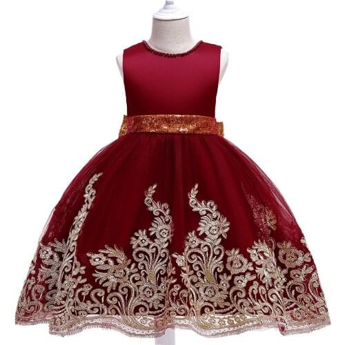 Lace Appliques Princess Dress Party Wedding Bridal Gown Red Vestidos Dress New Christmas Ballgown Kids Dresses with Pearls