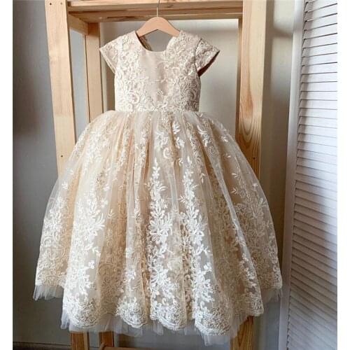 Champagne Lace Vintage Flower Girl Dresse Cap Sleeves Communion Pageant Dresses Birthday Gowns for Girls