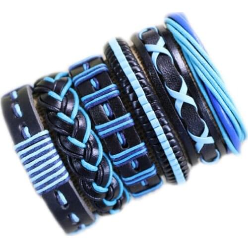 Fashion Handmade Blue 6Pcs/set Leather Bracelets Men Multilayer Braided Rope Bracelets for Male Female Bracelets Jewelry DE69