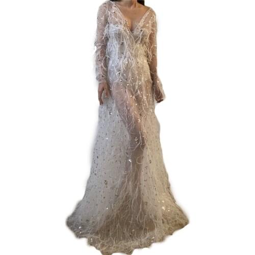 New Robes Womens Prom Dresses Lace Feather Sequins Photo Shoot Long Sleeve Birthday Party Bridal Fluffy Party Gowns Custom Made
