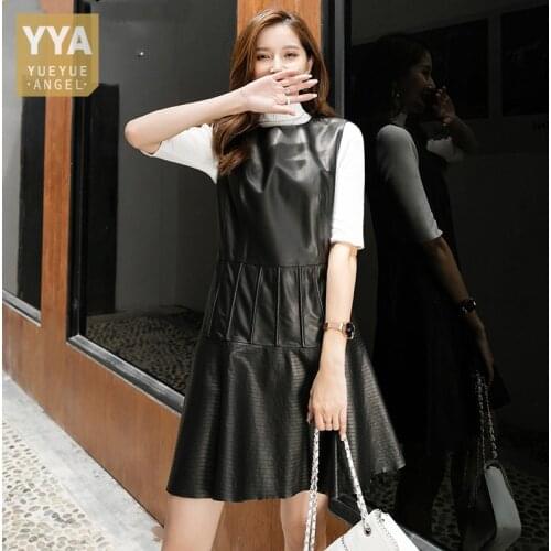 Brand Women Genuine Leather Sundress Sweet Casual Sleeveless A Line Dress Office Ladies Spring Black 100% Real Sheepskin Dresses