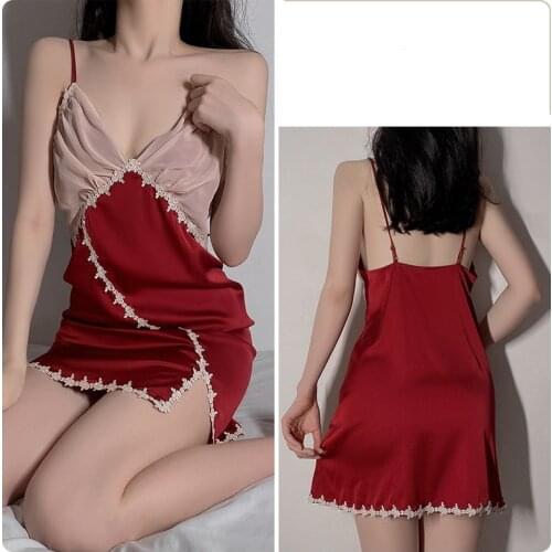 Silk Women Clothes Satin Nighties Nightdress Women Homewear Lingerie Lace Night Gown Sleepshirts Sexy Hot Erotic Nightgown Red