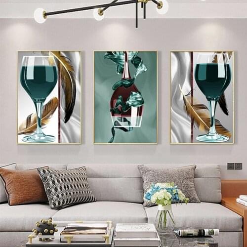 Wine Glass With Feather Diamond Painting 5D Cross Stitch Full Square Round Diamond Embroidery Mosaic 3Pieces Wall StickerZP-4522