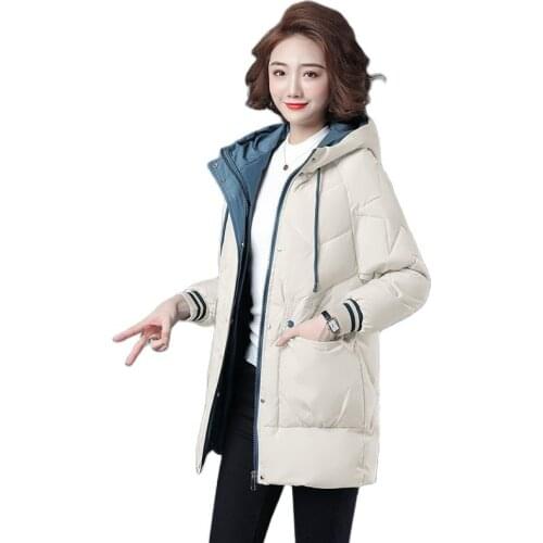 Womens Down Cotton Clothes Mid-Length Winter 2021New Loose Thicken Fashion Lady Jacket Hooded Cotton Clothes Overcoat Parka
