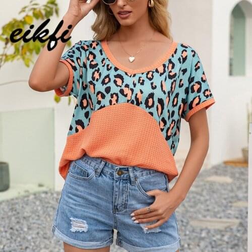 EIKFI Leopard Print Patched Rib-knit Women T-shirts Summer Ladies Sexy V Neck Short Sleeve Backless Casual Tops and Shirts New