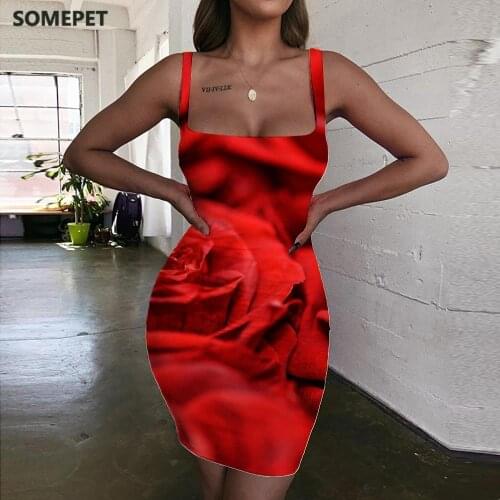 SOMEPET Rose Flower Dress Women Red Vestido Sexy Romantic Bodycon Dress Art Halter Sleeveless Womens Clothing Club New Boho
