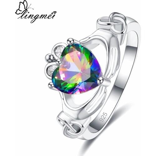 Lingmei Claddagh Style Wedding Bride Heart Promise Ring for Women MultiPink Zircon Silver Color Jewelry Fashion Ring Size 6-9