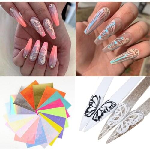 16pcs Butterfly Wings Nails Holographic Nail Decal 3D Self Adhesive Nail Art Stickers Manicure Acrylic Tool