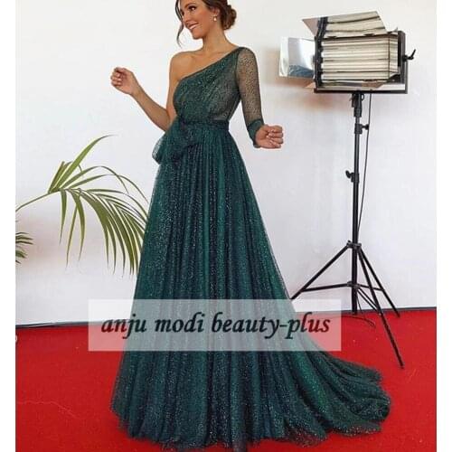 2021 Long Sparkly One Shoulder Prom Dresses Long Sleeve Backless Formal Evening Party Gowns Robe De Soiree