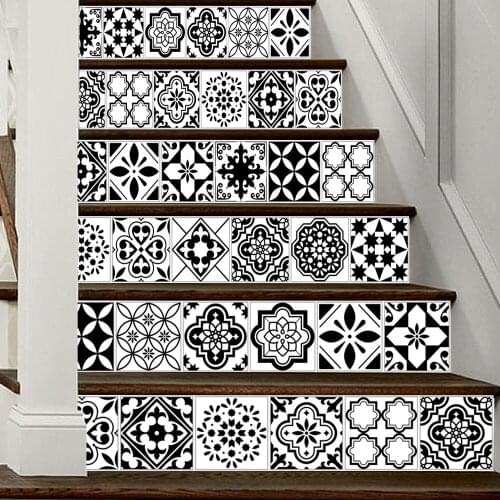 6pcs/set 18cm x 100cm Black and White Style Arabia Tile Stairs Decoration 3D Sticker Art Poster Home Wallpaper LT022