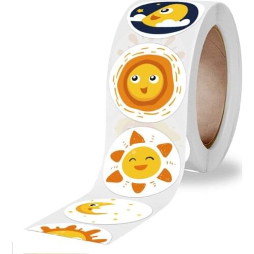 C5AA 500Pcs/Roll 8 Styles Round Cartoon Sun Smiley Kids Reward Stickers Party Handmade Scrapbooking Gift Packaging Seal Labels