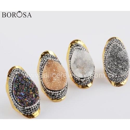 BOROSA 5PCS Natural Color Agates Weddding Ring Electroplated Teardrop Rainbow Titanium Druzy Ring Couples JAB955-1