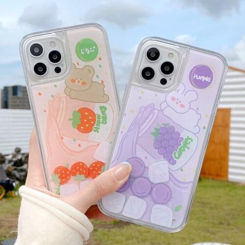 Cute Glitter Grape Strawberry Bunny Bear Phone Case For iPhone 12Pro Max 7 8 Plus 11 SE 2020 X Xs Max XR Dynamic Quicksand Cover