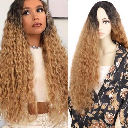 LING HANG 30 Inches Long Wave Wig Synthetic Wigs for Black Women Middle Part Brown Black Golden Cosplay Hai