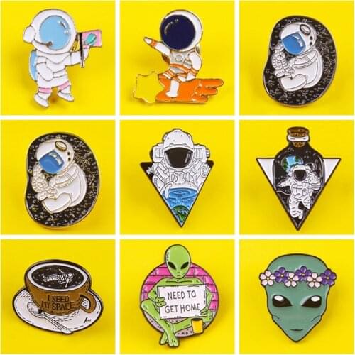 Space Travel Enamel Pin Astronauts Special Edition Brooches Bag Clothes Lapel Pin Cosmic Space UFO Badges For Kids Jewelry Gifts