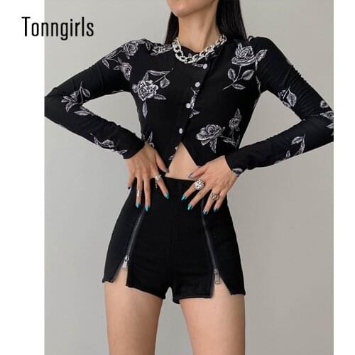 Tonngirls T-shirts Women Floral Sexy Ladies Tops Slim Tshirt Long Sleeve Elastic Tee Tops Vintage Crop Tops Autumn Spring 2021