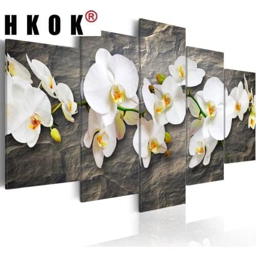HKOK 5 Panels Canvas Art White Flower Painting for Home Decor Orchid Canvas Wall Art Pictures for Living Room Decor ( No Frame)