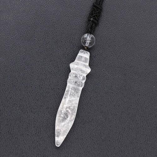 KFT Bullet Shape Natural Healing Crystal Quartz Reiki Pendulum With Round Bead Stone Pendant Handmade Black Rope Chain Necklace