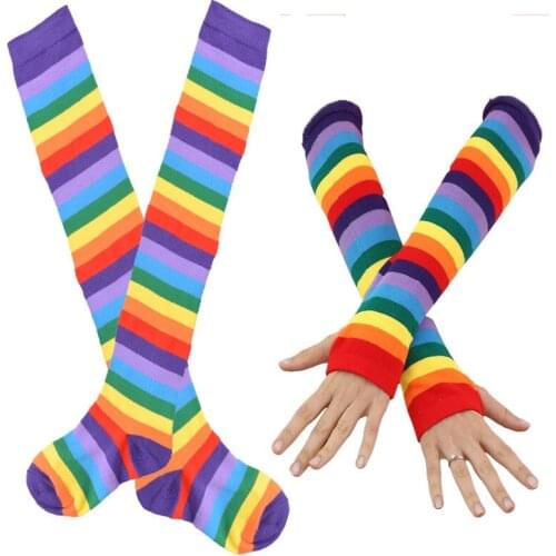 Lolita Colorful Rainbow stockings Striped High Thigh Knee Socks Arm Warmer Gloves Halloween Costume Party Cosplay Holiday Gift