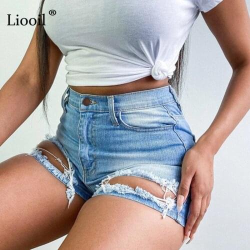 Liooil Light Blue Hole Denim Shorts With Pockets Women Summer 2021 Streetwear Wash Distressed Sexy High Waist Ripped Jean Shorts