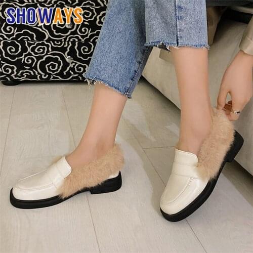 Big Size Winter Women Loafers Black Beige Low Thick Heel Vintage Casual Round Toe Moccasins Lady Slip On Warm Fur Platform Flats