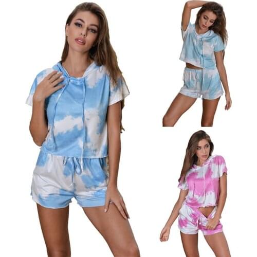 Fashionable Personality Ladies Tie-Dye 2 Sportswear Hooded Pullover T-Shirt Drawstring Shorts Casual Wear Outdoor