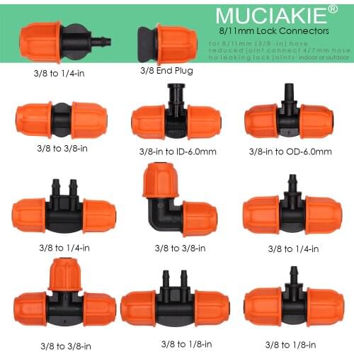 MUCIAKIE Orange 3/8'' Lock Garden Water Connector 8/11mm Water Hose Joint Garden Irrigation Coupling Adaptor for Tubing