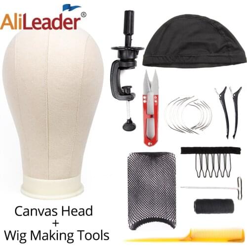 Alileader 11 PCS/Set Wig Making Kit Tools Canvas Block Head with Stand Holder Wig Cap Comb Needle Tpins Thread Scissors For Wigs