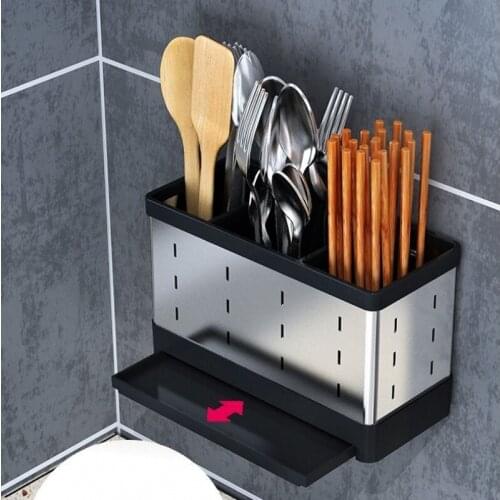 304 Stainless Steel Wall Mounted Kitchen Double Grid Cutlery Storage Box Rack Water Drainer Dishware Organizer Folk Knife Holder