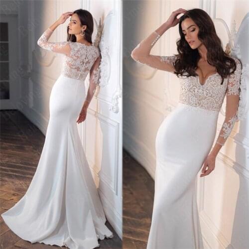 Charming Boho Mermaid Wedding Dresses 2021 Sheer Lace Applique Floor Length Bridal Gowns Soft Satin Wedding Bride Dress Vestidos