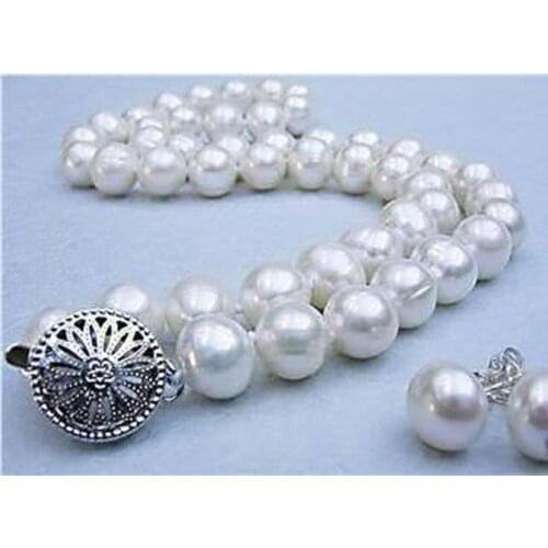 New 8-9MM Real Natural White Cultured Pearl necklace earring set 18"