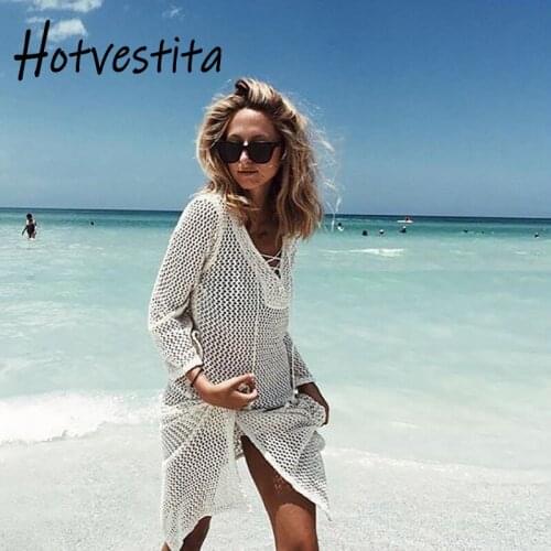 Hotvestita Beach Dress Sexy V-Neck Lace Up Tassels Hollow Out Knitted Tunic Bikini Coverup Women Crochet Split Sarong Beach Wrap