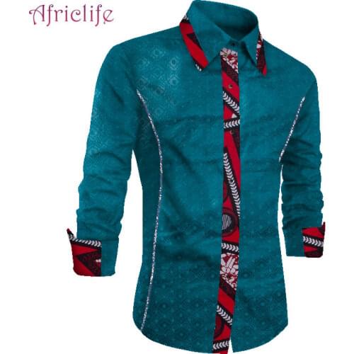 African Dashiki Print Shirt Men Slim Fit Long Sleeve Shirt Male Chemise Clothing WYN1247